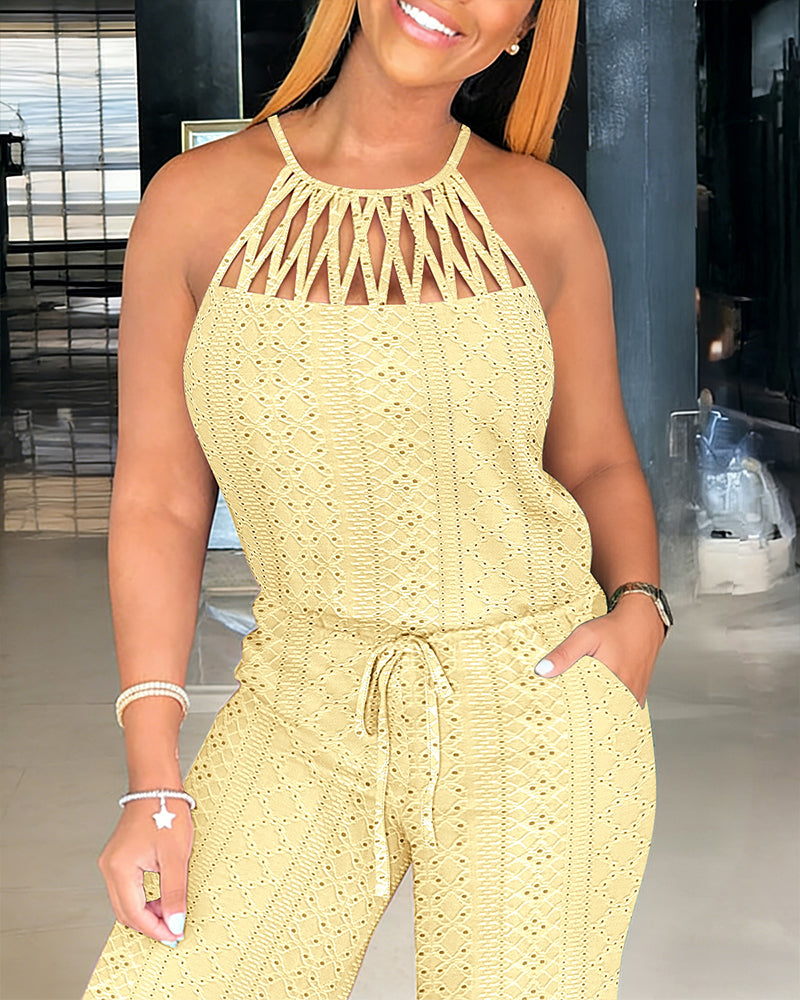 Women's Halter Tie Knit Jacquard Jumpsuit