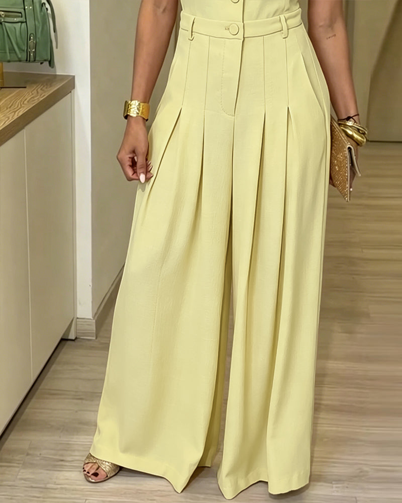 Vero™ | Jumpsuit met revers, V-hals, kapmouwtjes, hoge taille en wijde pijpen – elegante jumpsuit