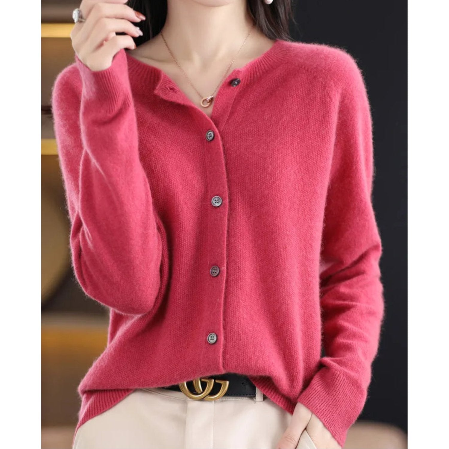 Zuivere Wollen Dames O-hals Cardigan Trui