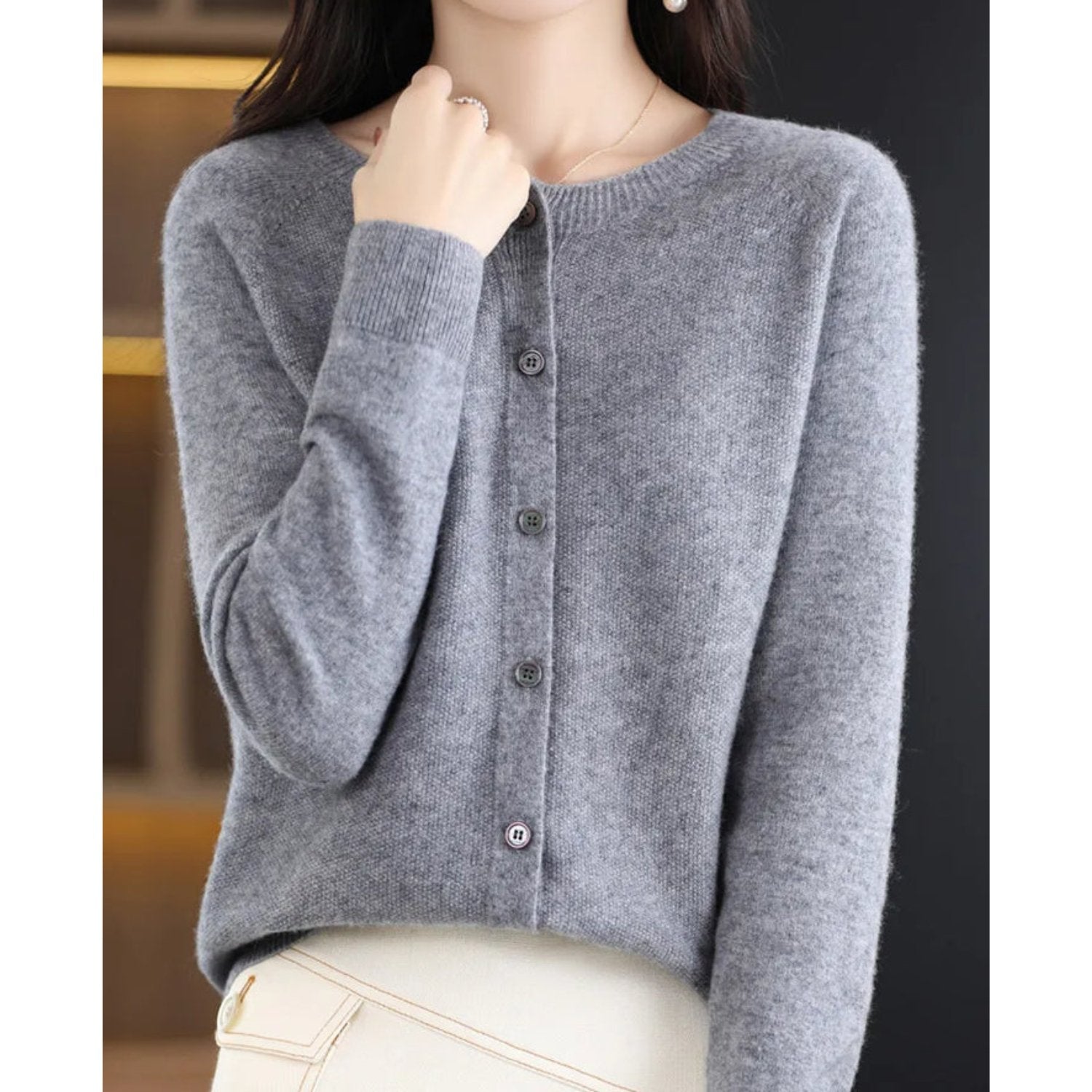 Zuivere Wollen Dames O-hals Cardigan Trui