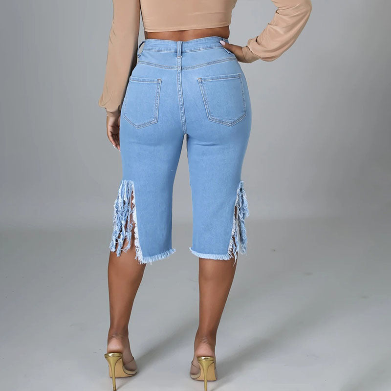 Linae™ | Capribroek van denim met hoge taille, scheuren en franjes