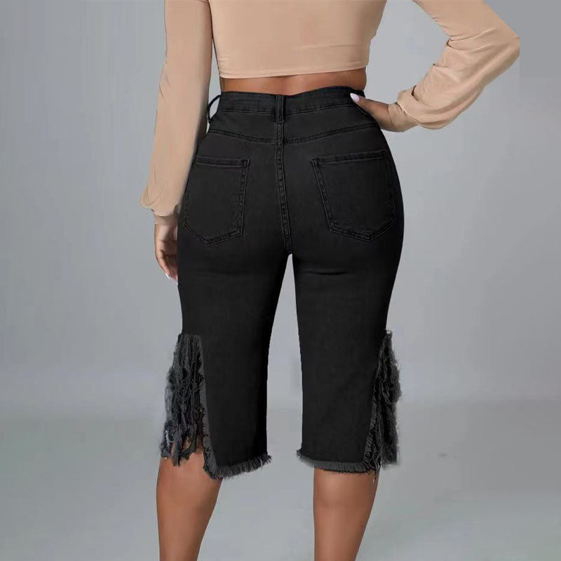 Linae™ | Capribroek van denim met hoge taille, scheuren en franjes