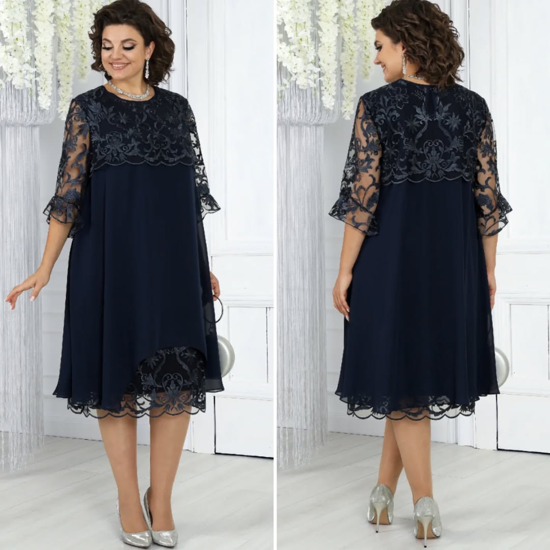 Women's dress with embroidered patchwork chiffon and a round neckline