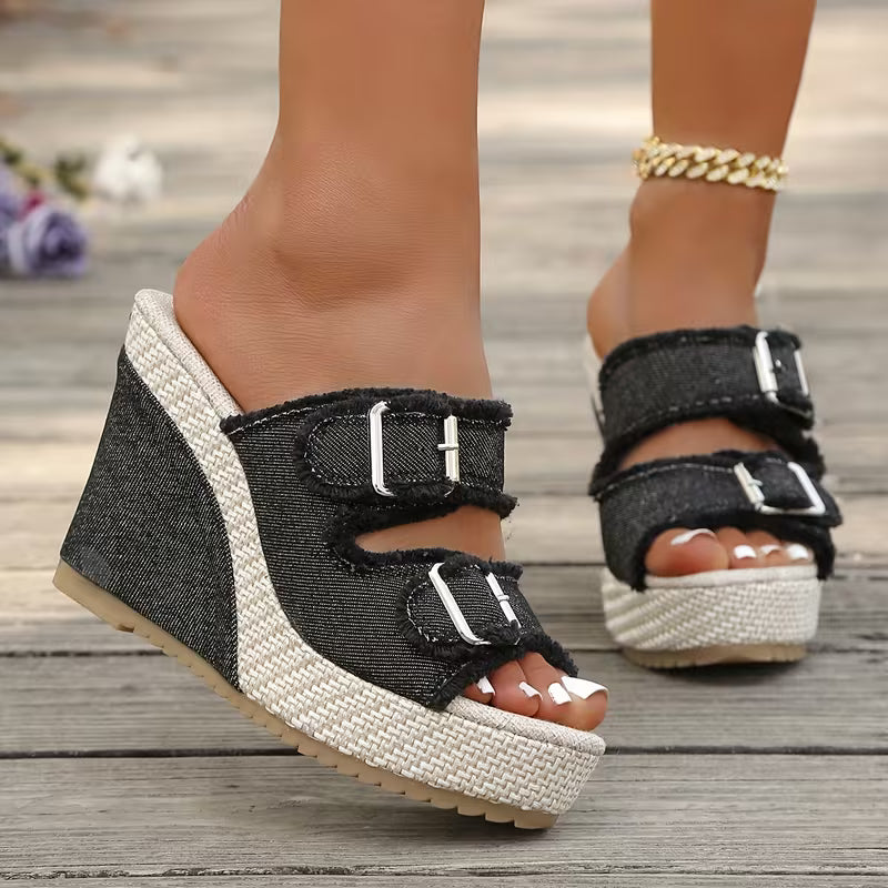 Atelier Denim Fray-Edge Wedge Sandals