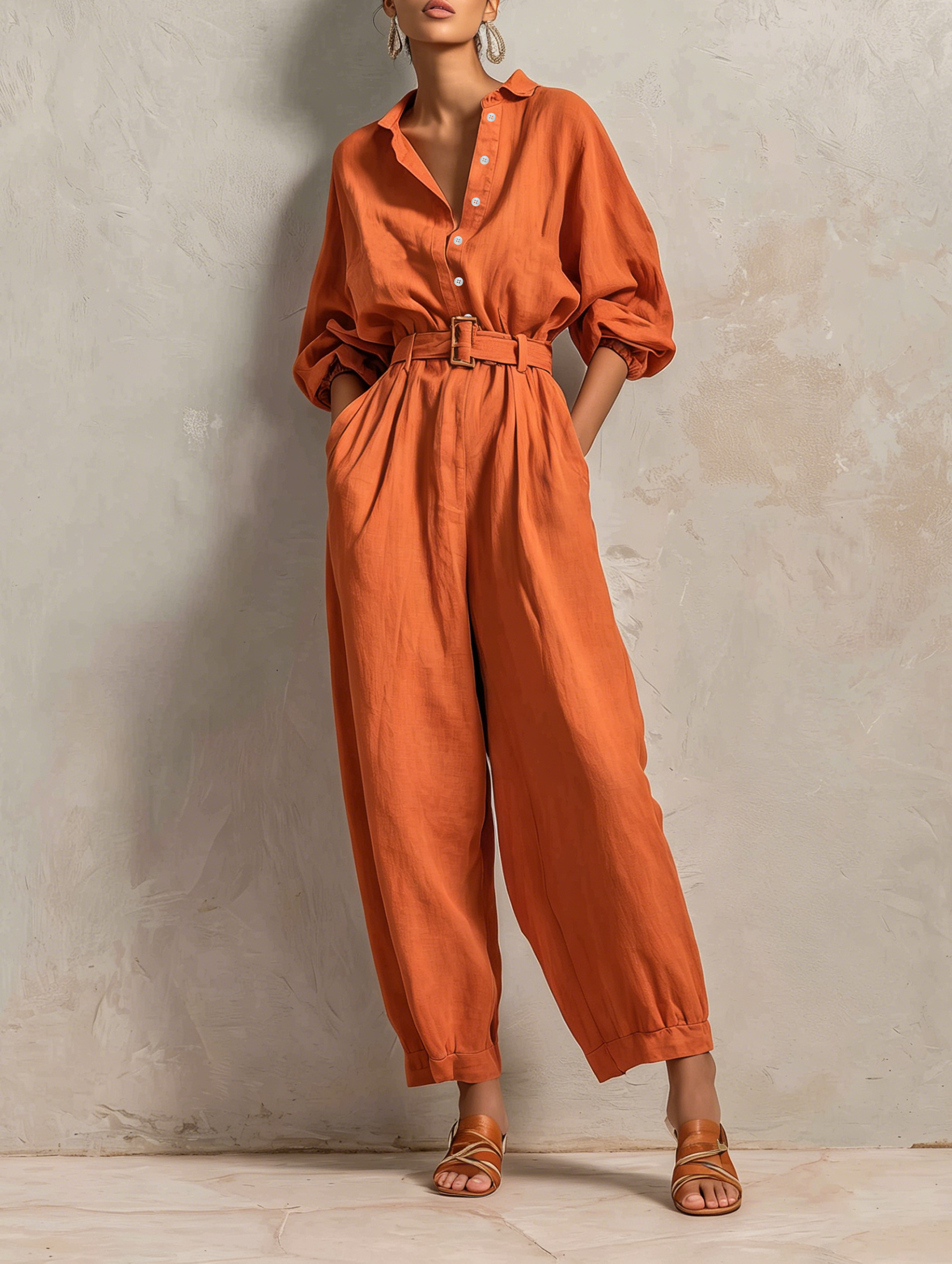 Liora™ | Minimalistische jumpsuit van katoen en linnen met riem