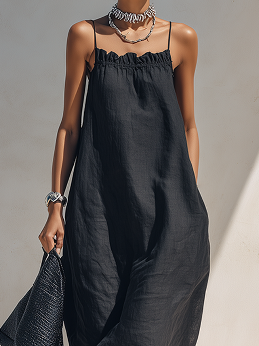 Nynke™ | Minimalistische, effen zwarte maxi-jurk met gerimpelde halslijn en spaghettibandjes