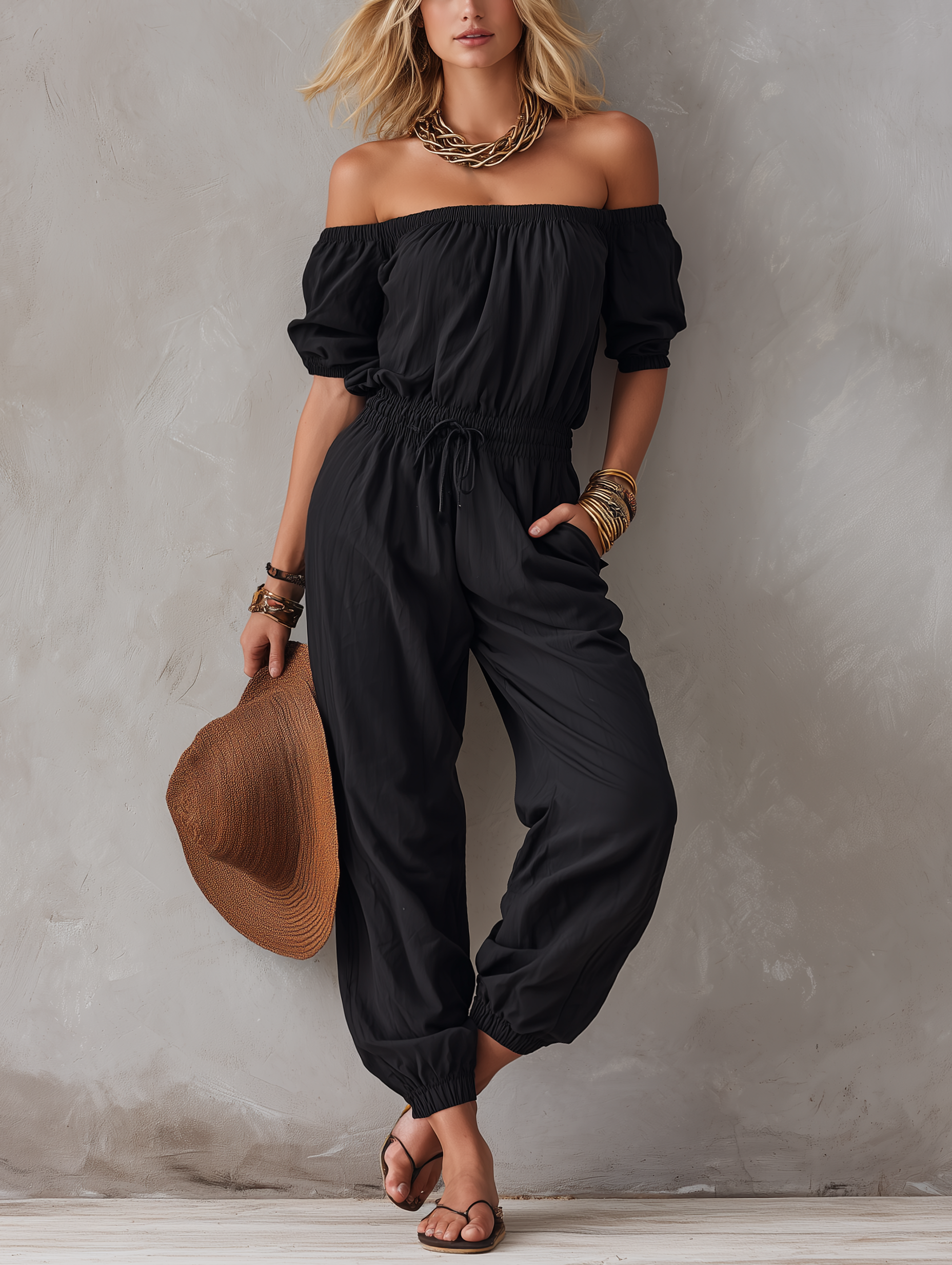 Julia™ | Casual zwarte geweven off-shoulder mouwloze jumpsuit