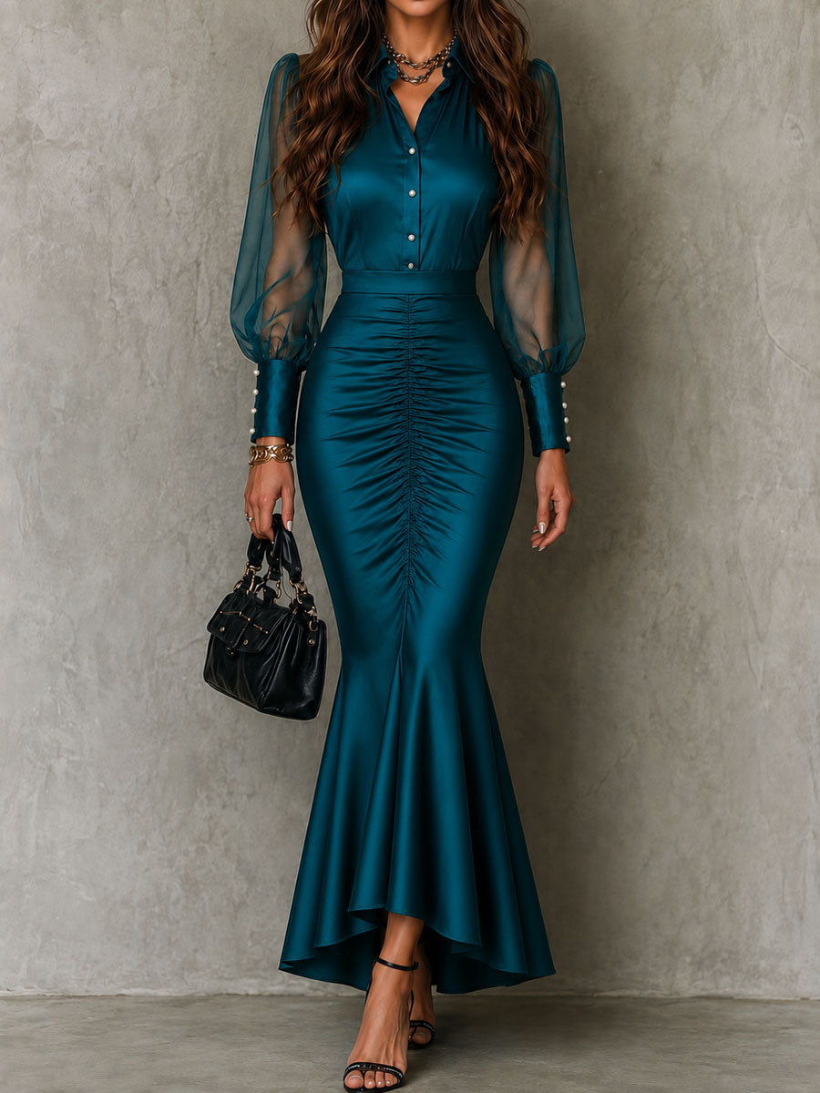 Amira™ | Retro-elegante, maxi-jurk met pofmouwen, van satijn in zeemeerminmodel