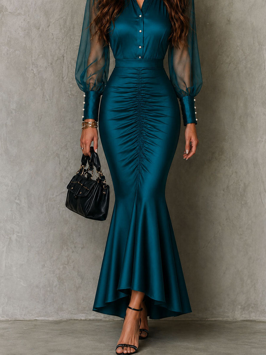 Amira™ | Retro-elegante, maxi-jurk met pofmouwen, van satijn in zeemeerminmodel