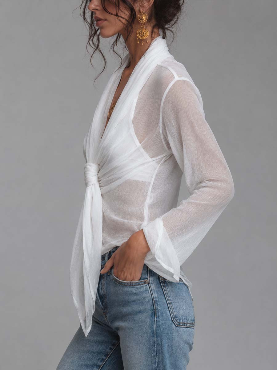Sorae™ | Doorschijnende, gekreukelde chiffonblouse met lange mouwen en een onderhemdje