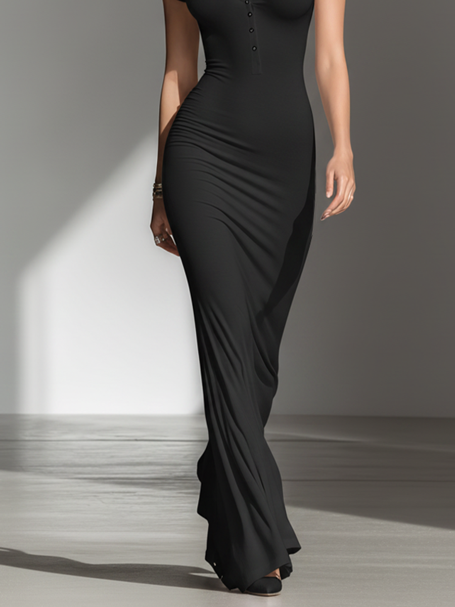 Veya™ | Moderne, minimalistische casual-formele maxi-jurk met V-hals en een nauwsluitend silhouet