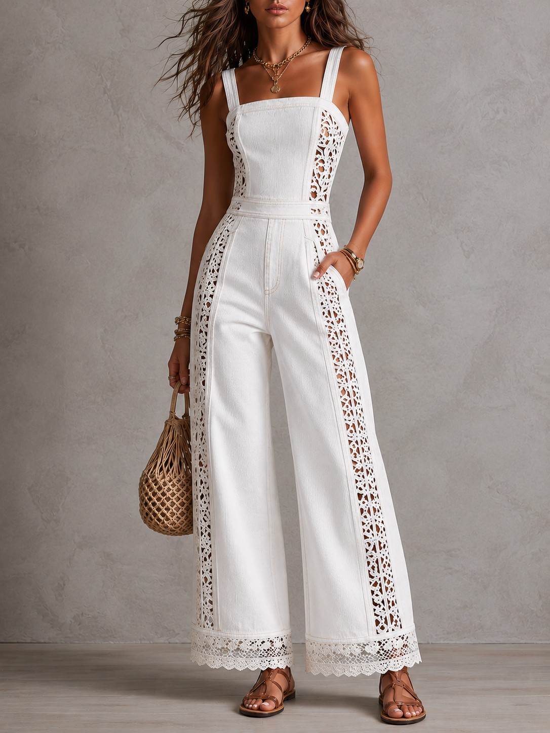 Lova™ | Boho-jumpsuit van wit denim met vierkante hals, gehaakt kant en wijde pijpen