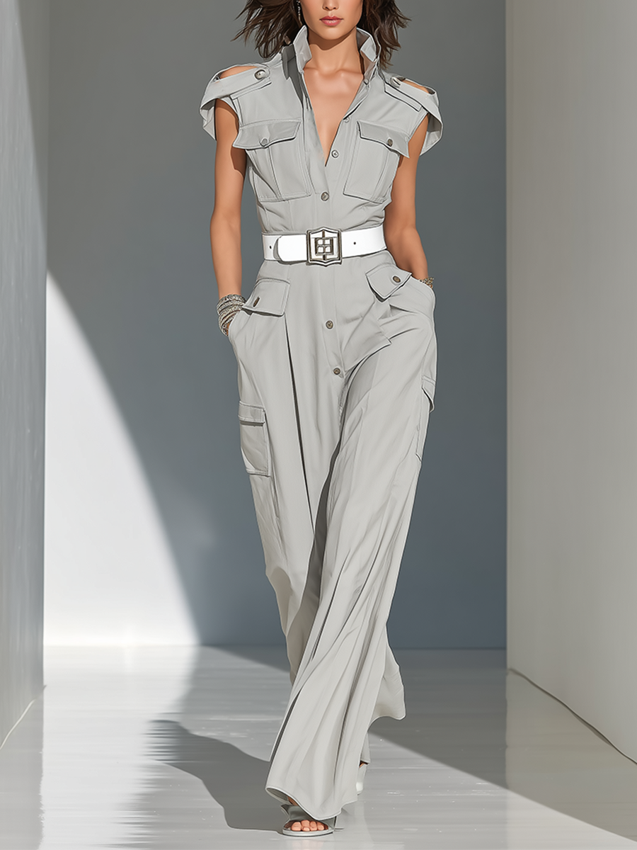 Daria™ | Lichtgrijze geweven cargo-jumpsuit met uitgesneden schouderzakken (zonder riem)