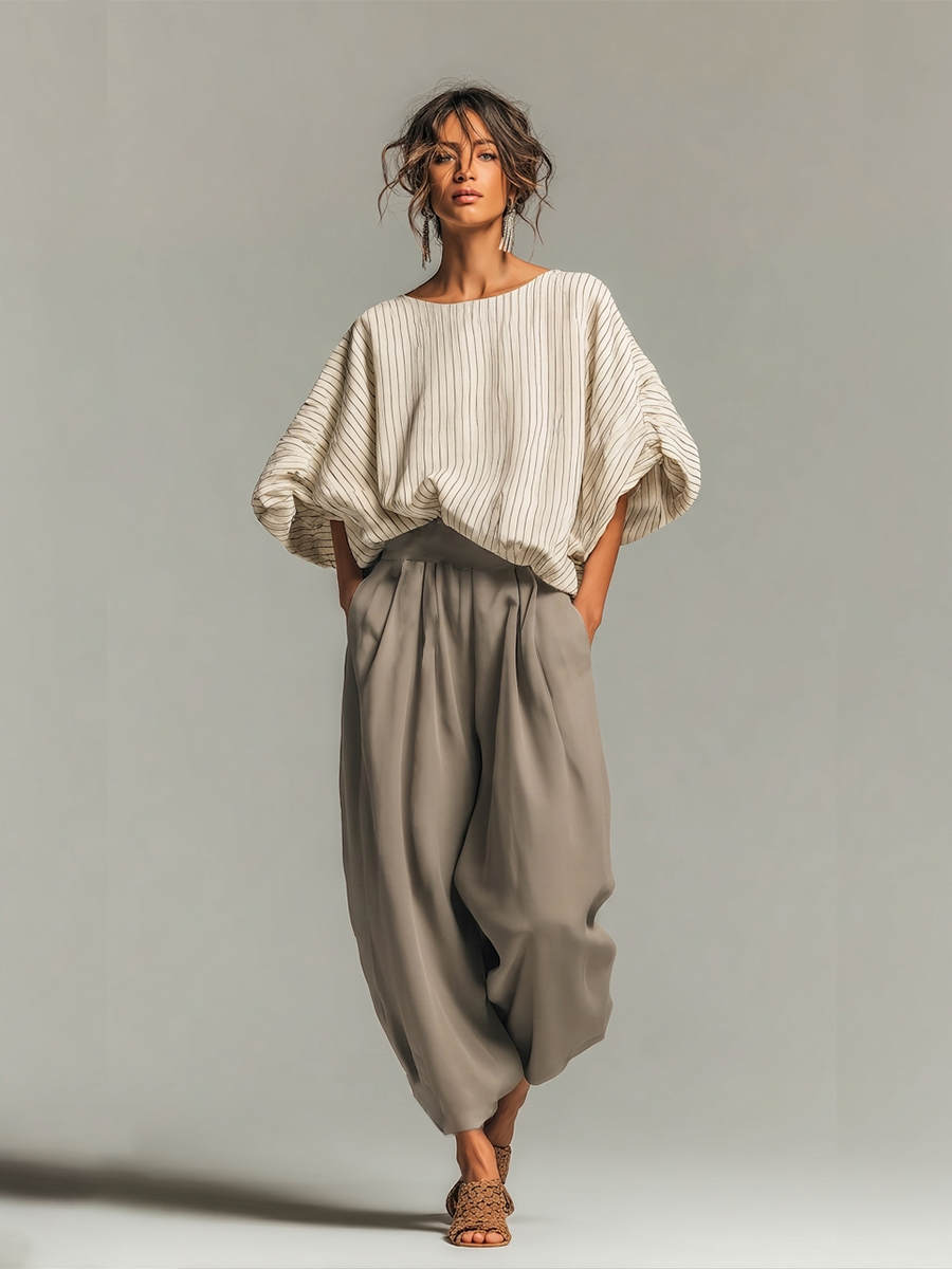 Brittany™ | Moderne, nonchalant-chique tweedelige, geweven-set met fijne streepjes en een grijze, baggy broek