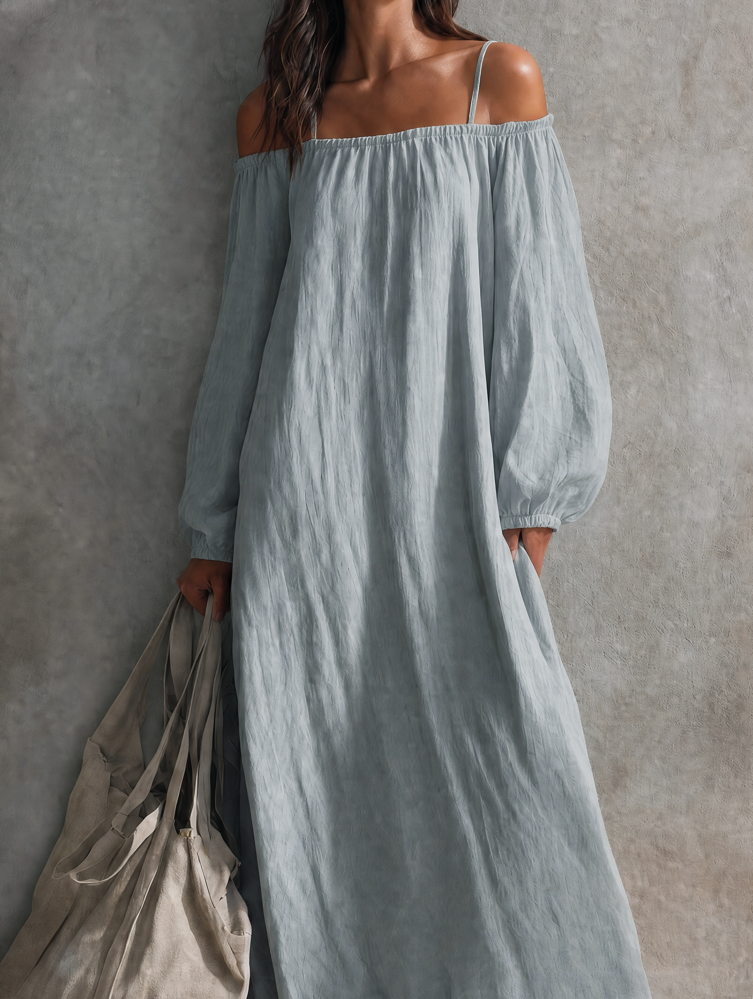 Noria™ | Casual katoen-linnen maxi-jurk met spaghettibandjes, off-shoulder-ontwerp en lange mouwen