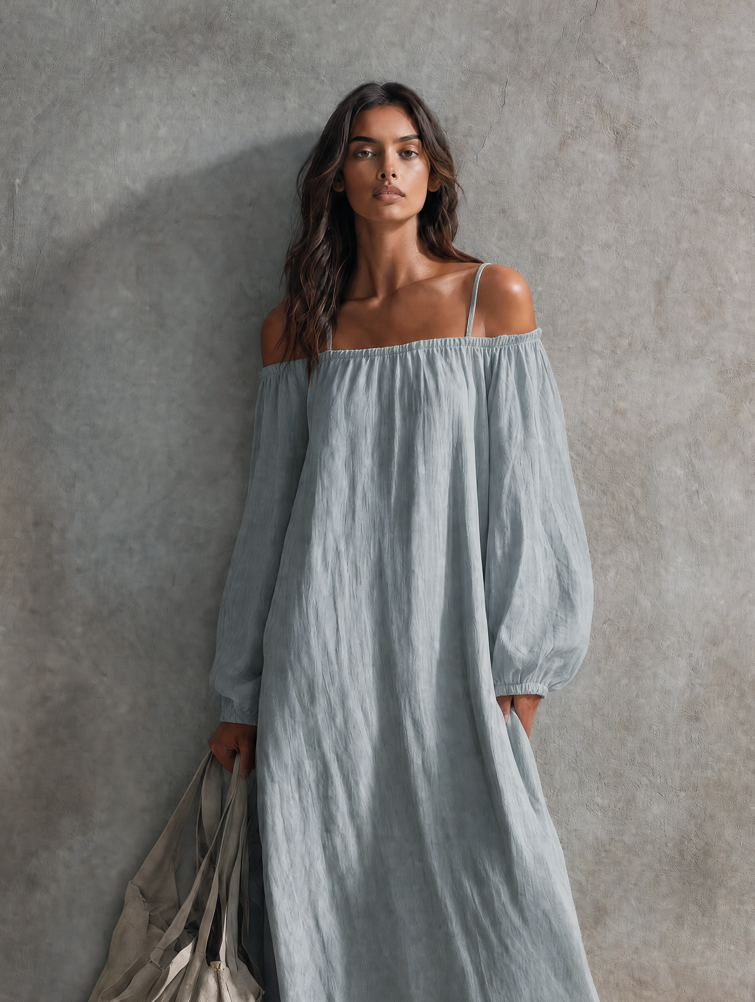 Noria™ | Casual katoen-linnen maxi-jurk met spaghettibandjes, off-shoulder-ontwerp en lange mouwen