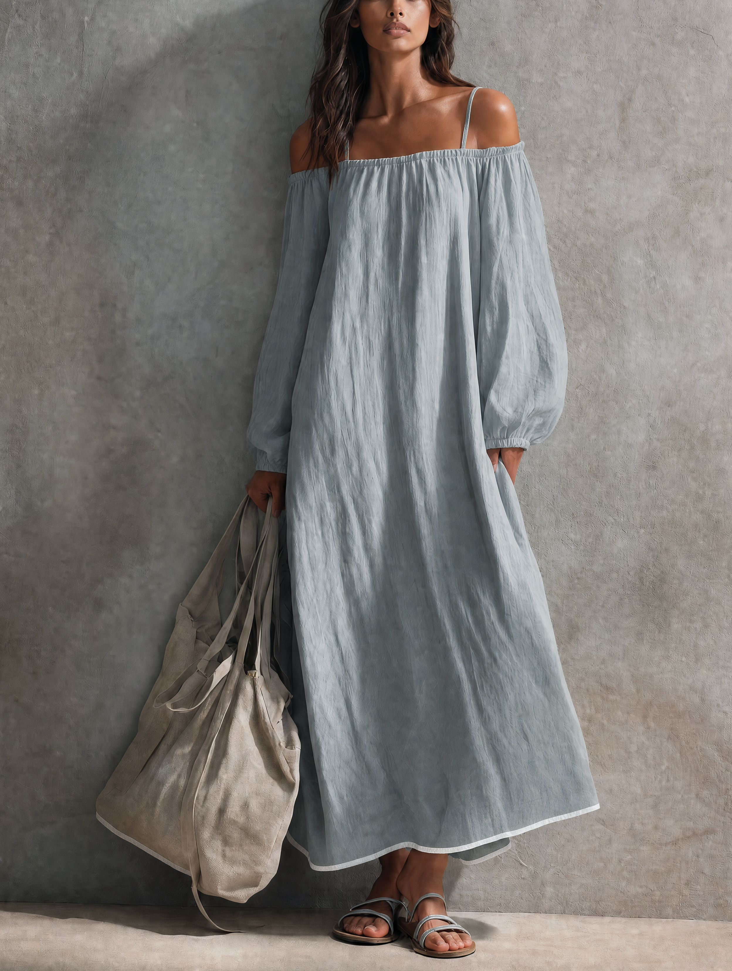 Noria™ | Casual katoen-linnen maxi-jurk met spaghettibandjes, off-shoulder-ontwerp en lange mouwen