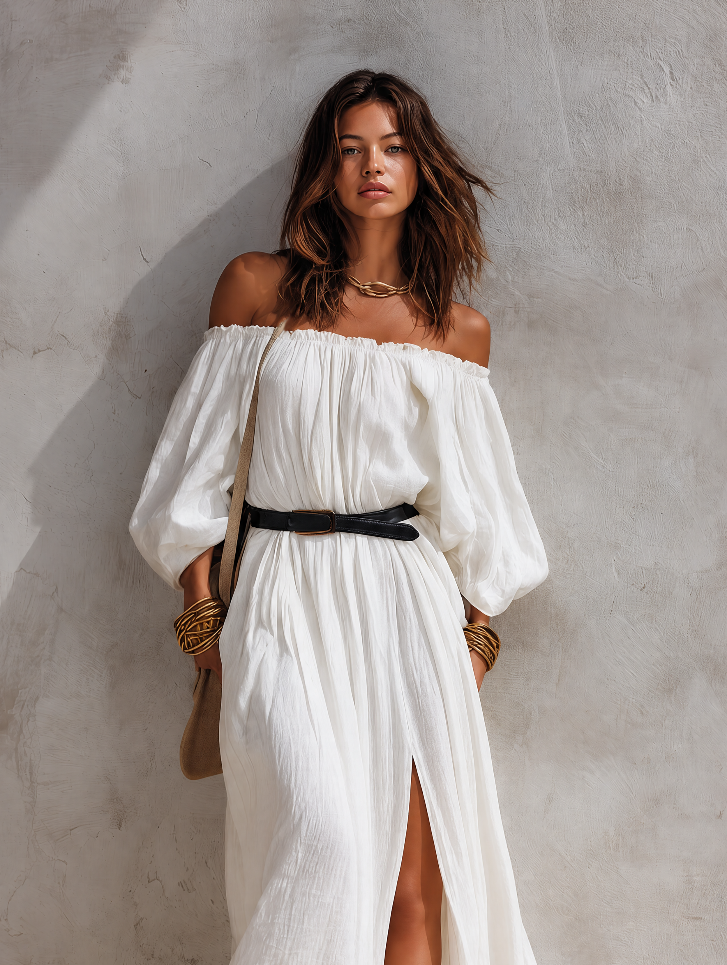 Ines™ | Casual beige geweven maxi-jurk met blote schouders en lange mouwen
