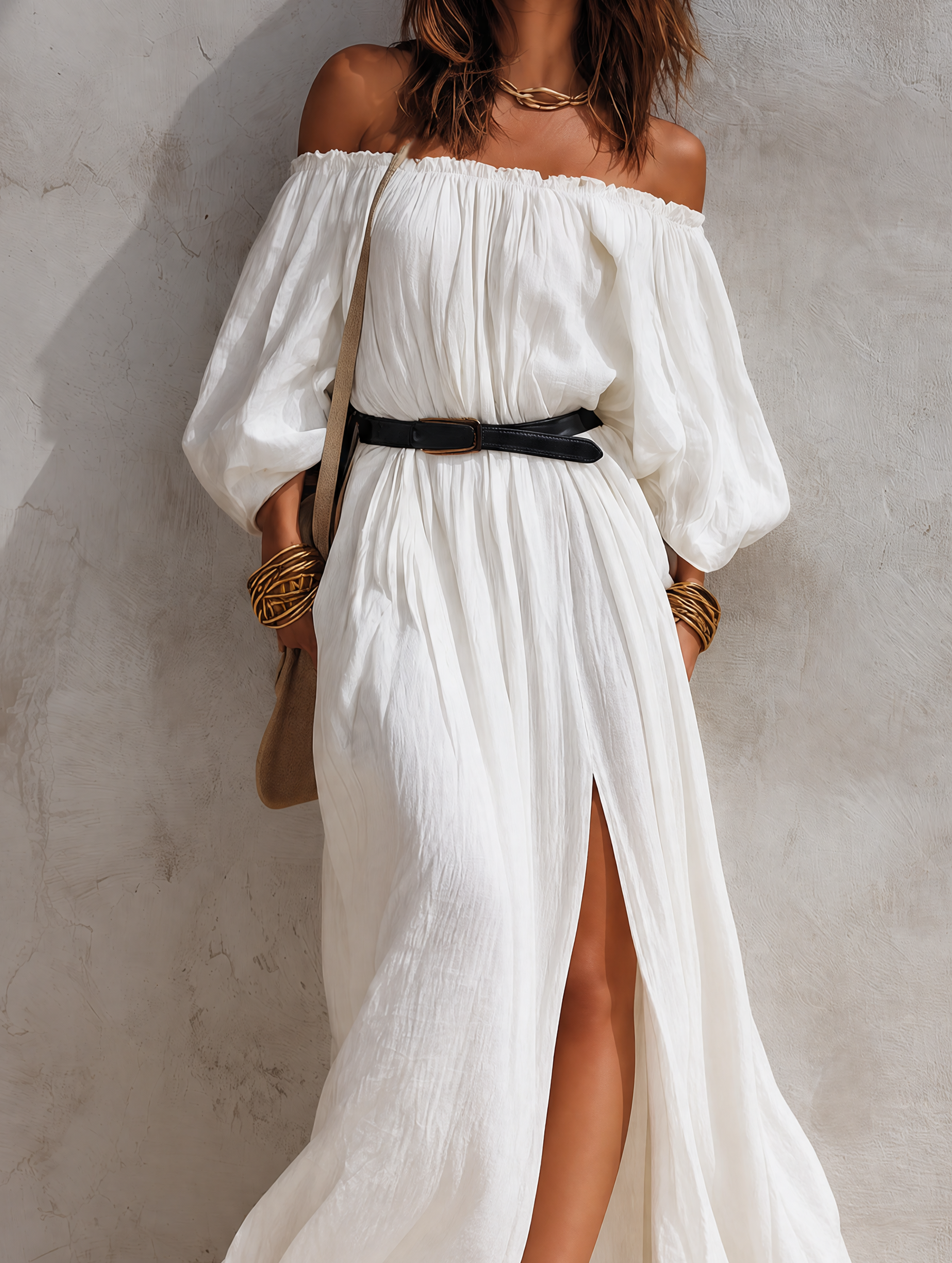 Ines™ | Casual beige geweven maxi-jurk met blote schouders en lange mouwen