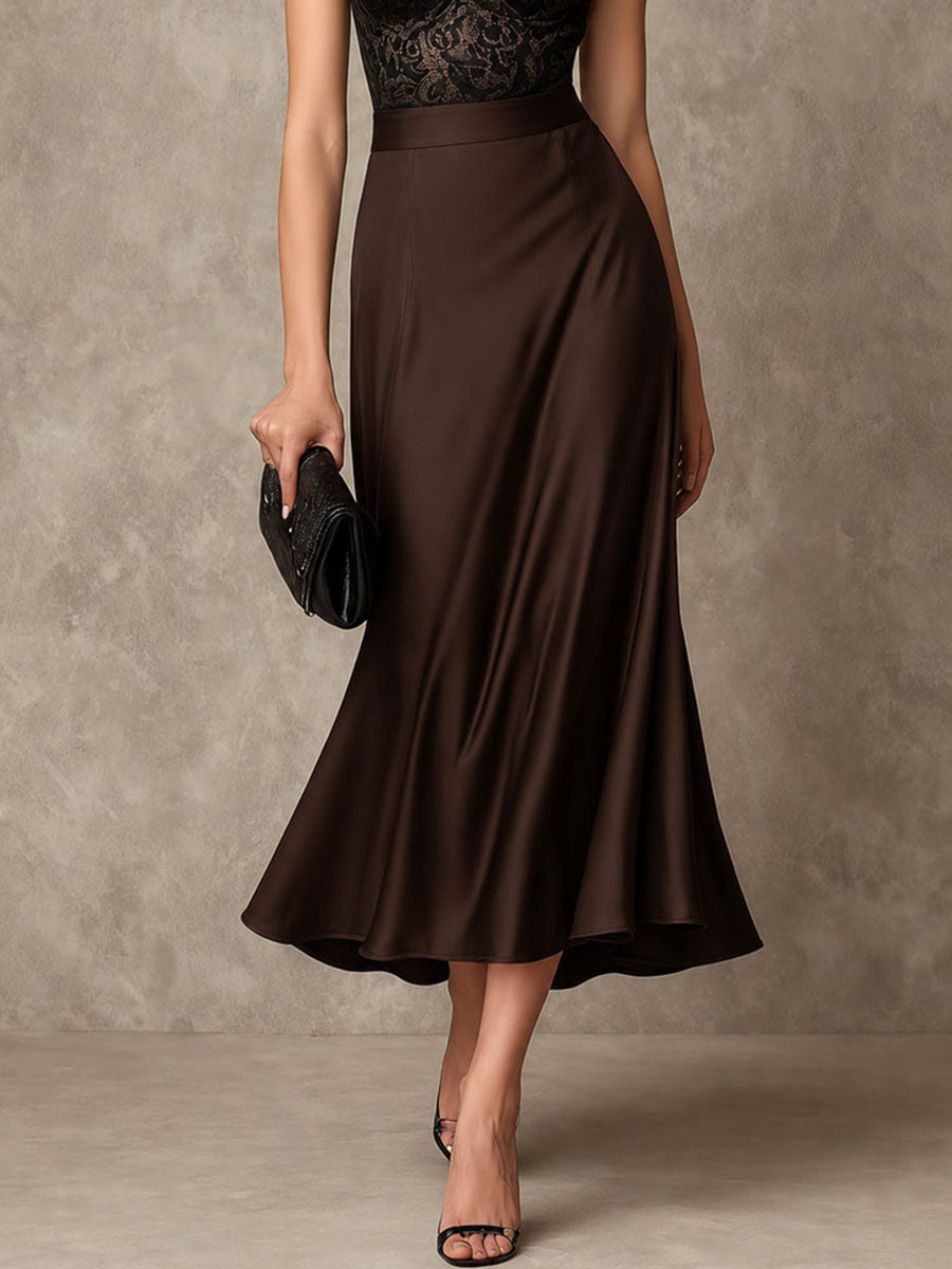 Luna™ | Retro-elegante chocoladebruine midi-jurk van satijn en kant met halternek