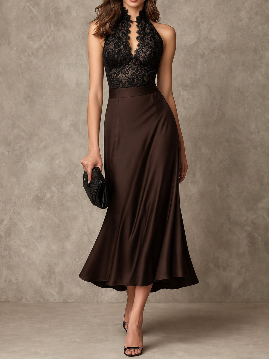 Luna™ | Retro-elegante chocoladebruine midi-jurk van satijn en kant met halternek