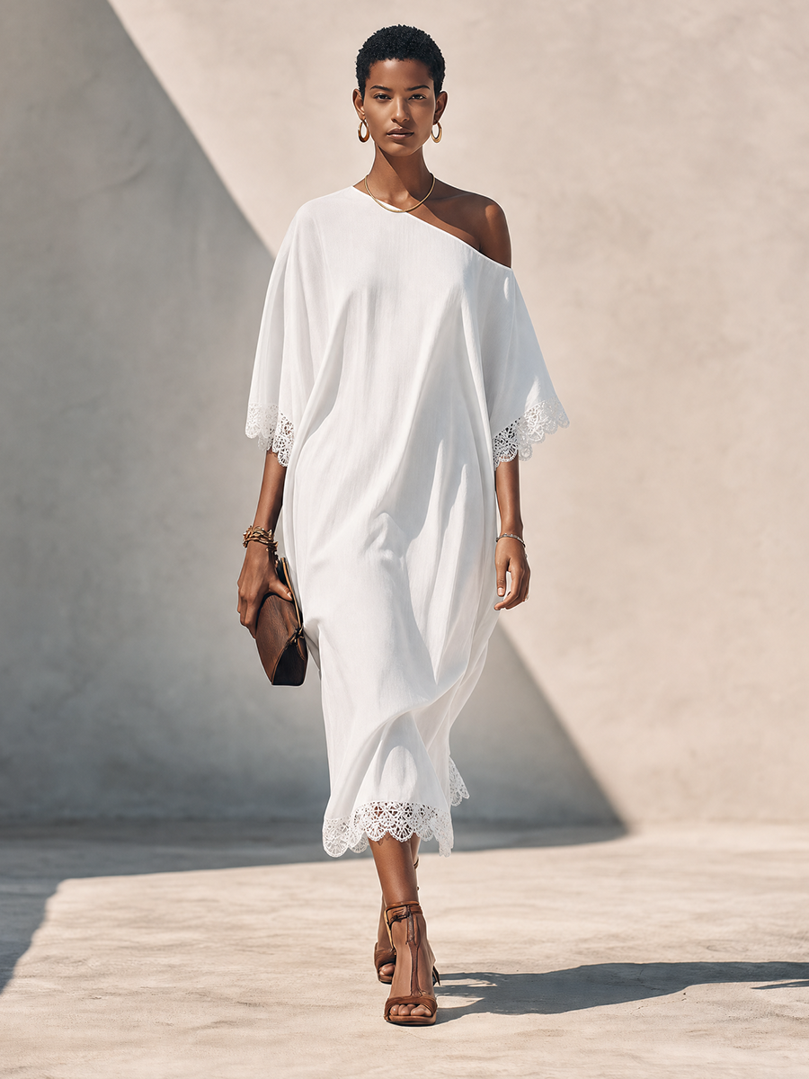 Faye™ | Asymmetrische puur wit linnen midi-jurk met blote schouders