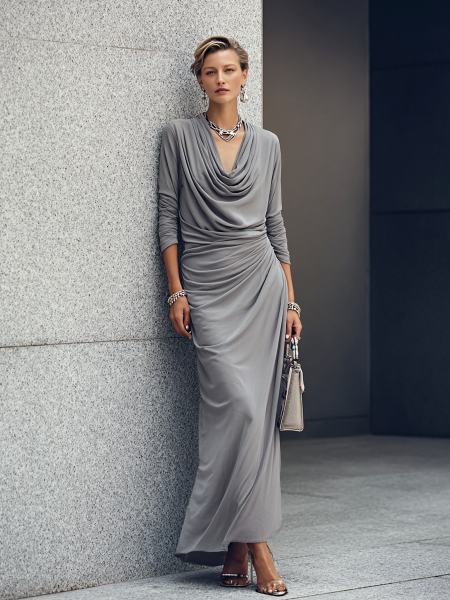 Norelle™ | Luxe maxi-jurk, katoenmix met cowl-hals, lange mouwen en ruches aan de zijkant