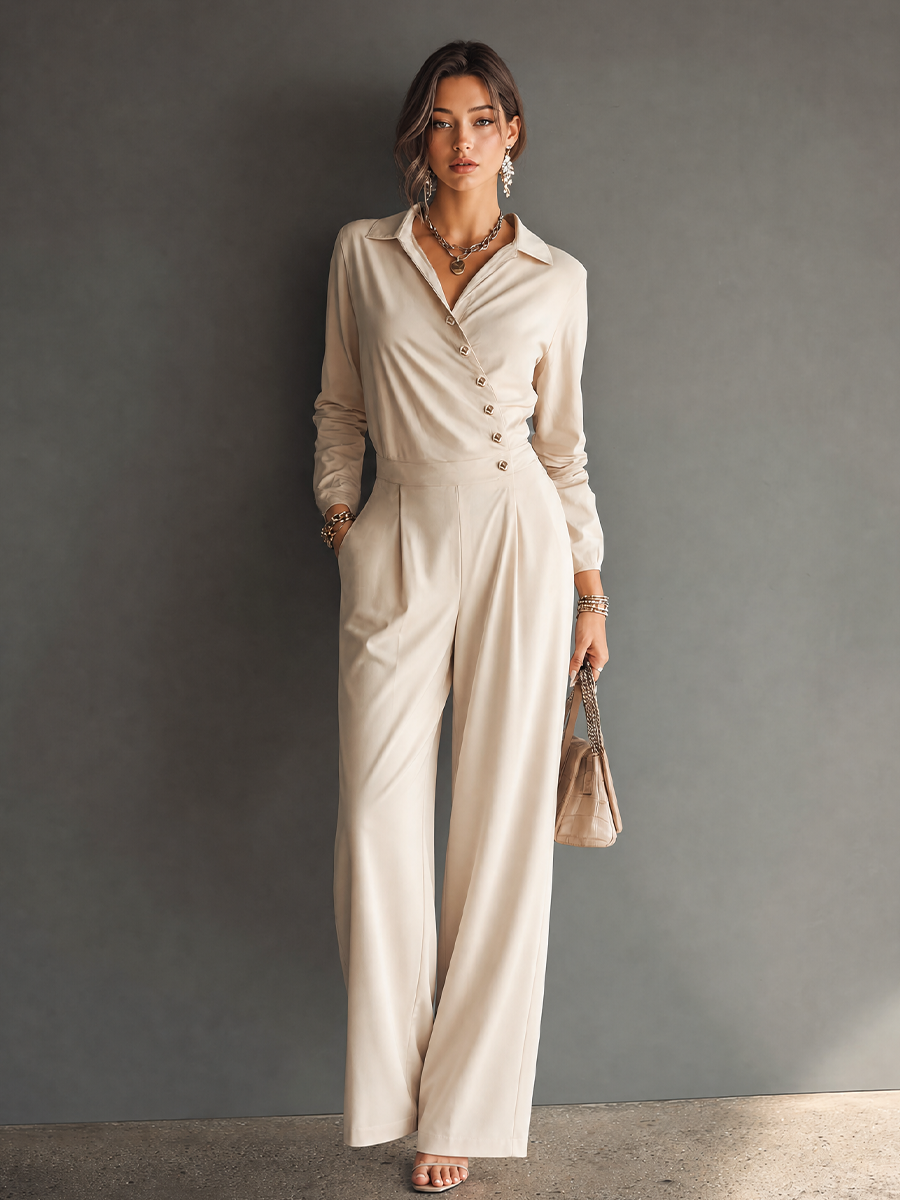 Veline™ | Minimalistische jumpsuit met lange mouwen, hoge taille en wijde pijpen