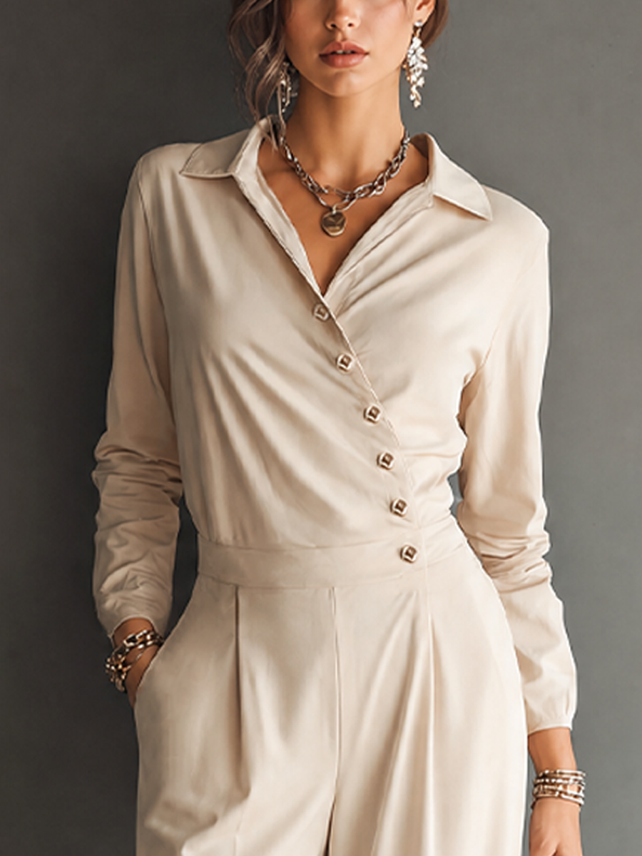 Veline™ | Minimalistische jumpsuit met lange mouwen, hoge taille en wijde pijpen