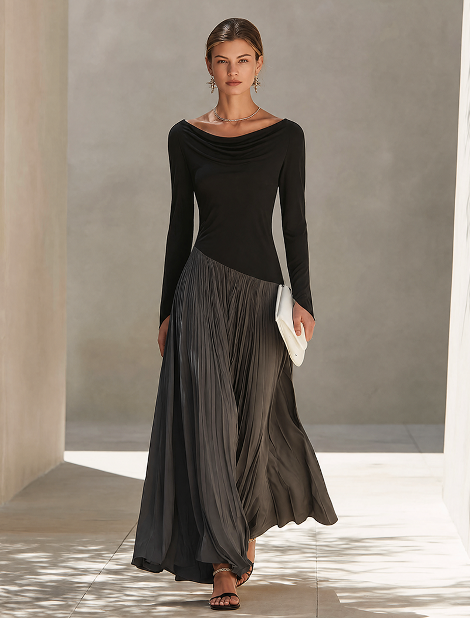 Elara™ | Minimalistische maxi-jurk met tweekleurig kleurblokdesign en gedrapeerde halslijn