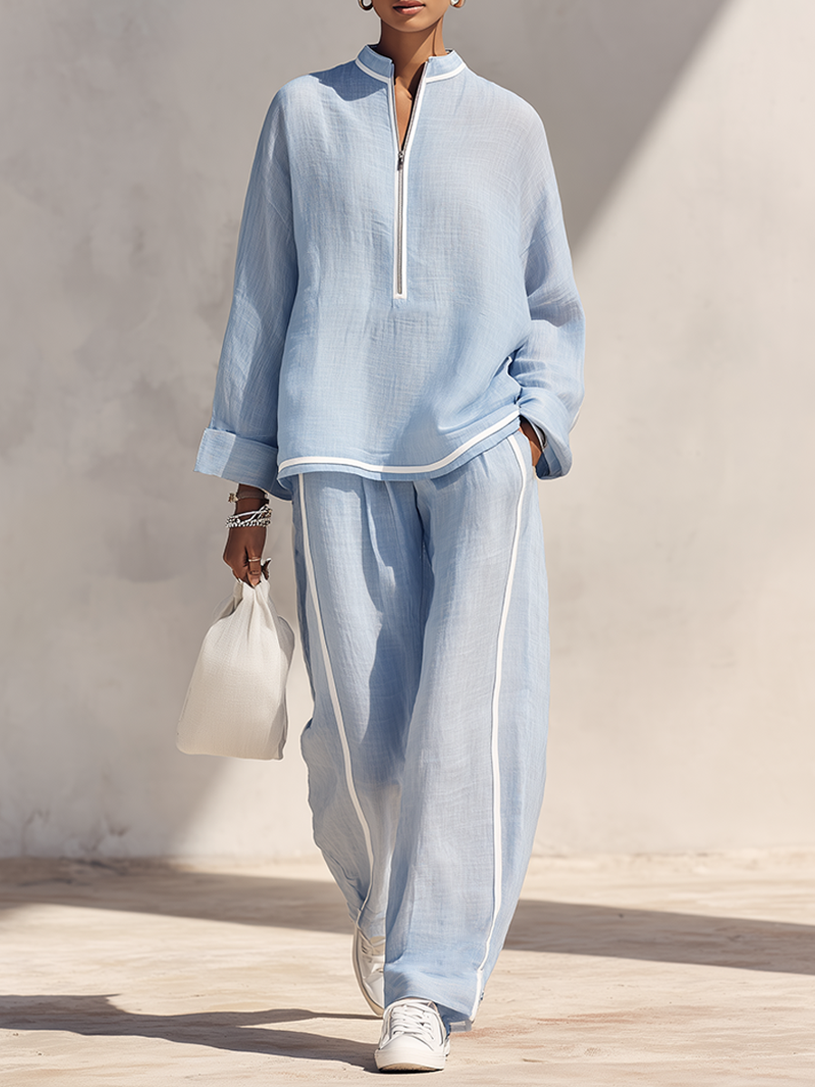 Georgina™ | Natuurlijke linnen set, oversized top met opstaande kraag en broek met wijde pijpen
