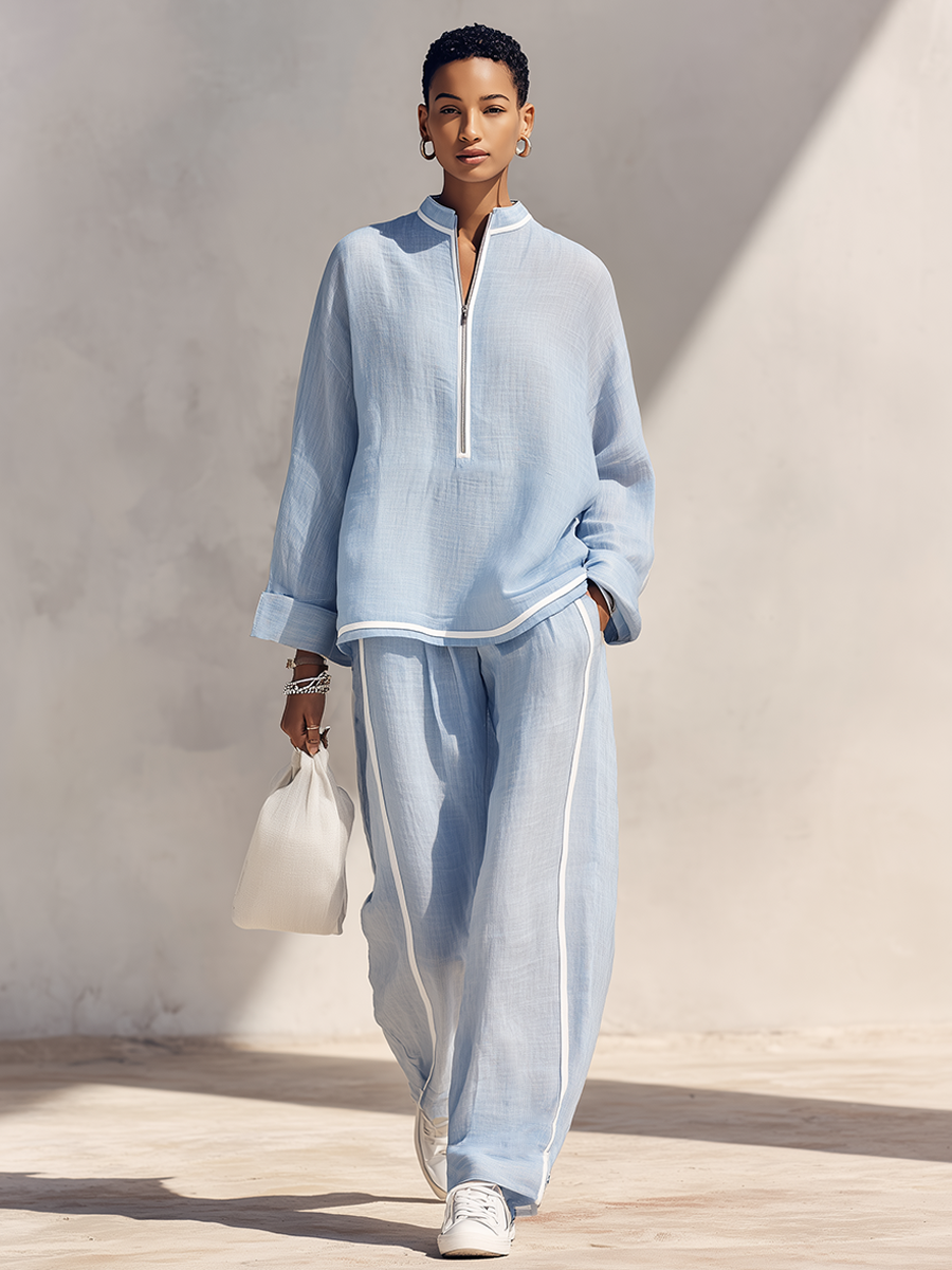 Georgina™ | Natuurlijke linnen set, oversized top met opstaande kraag en broek met wijde pijpen