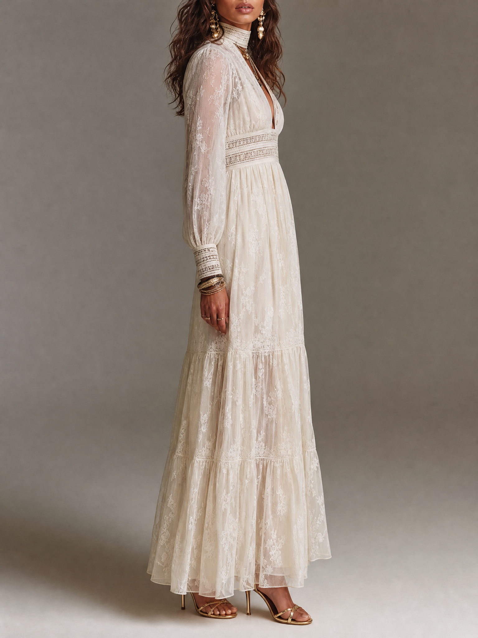 Boho High Neck Keyhole Cutout Smocked Waist Tiered Ruffle Lace Maxi Dress