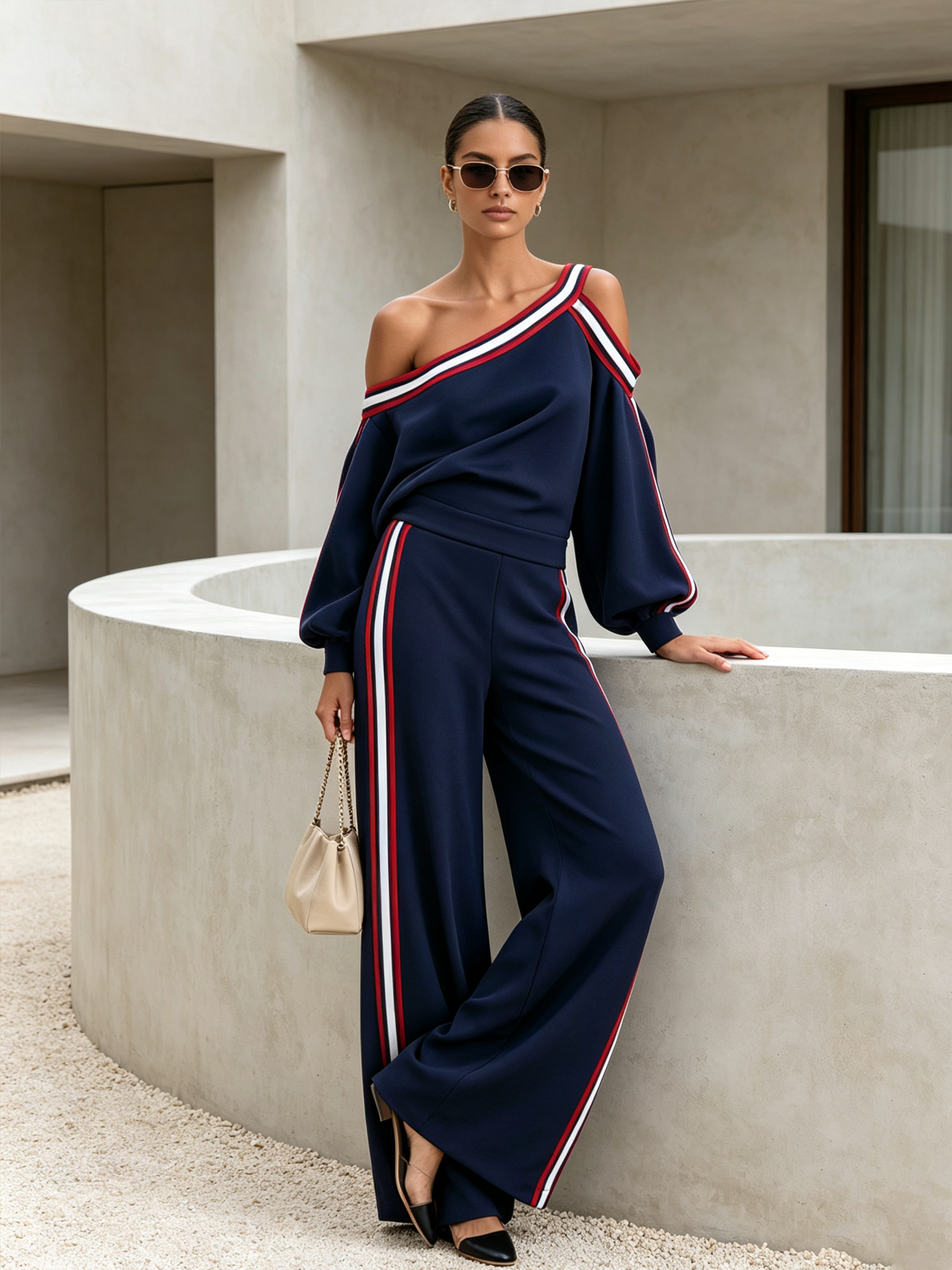 Morgen™ | Marineblauwe asymmetrische top met strepen en blote schouders, gecombineerd met een wijde broek (tweedelige set)