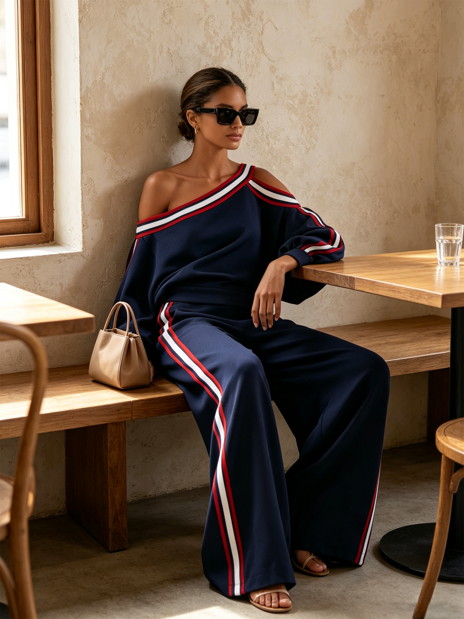 Morgen™ | Marineblauwe asymmetrische top met strepen en blote schouders, gecombineerd met een wijde broek (tweedelige set)