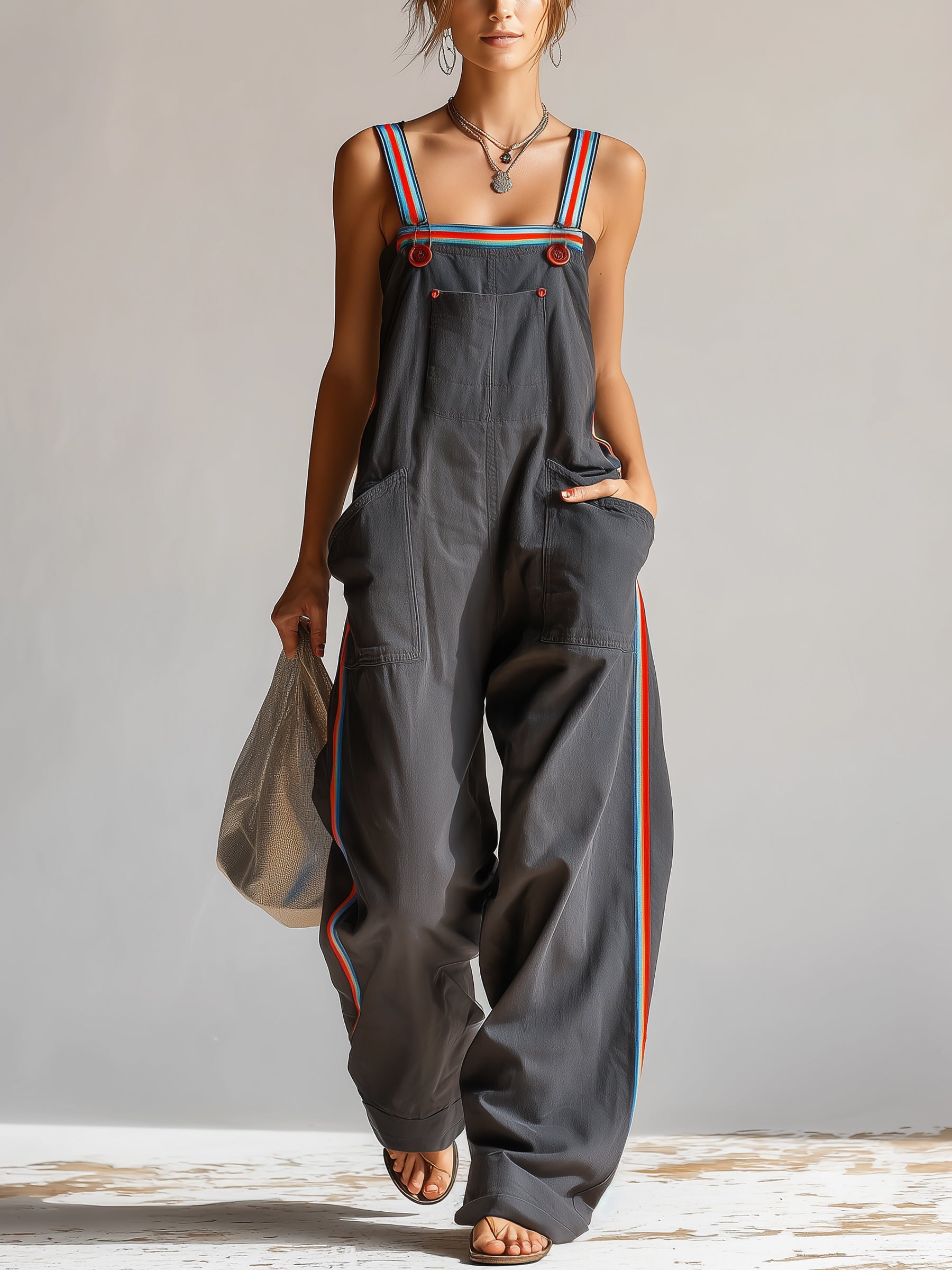 Lona™ | Cargo-jumpsuit met contrasterende banden, wijde pijpen en zakken