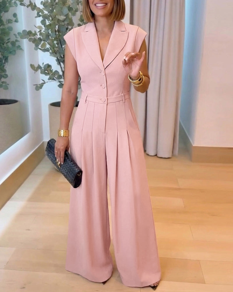 Vero™ | Jumpsuit met revers, V-hals, kapmouwtjes, hoge taille en wijde pijpen – elegante jumpsuit