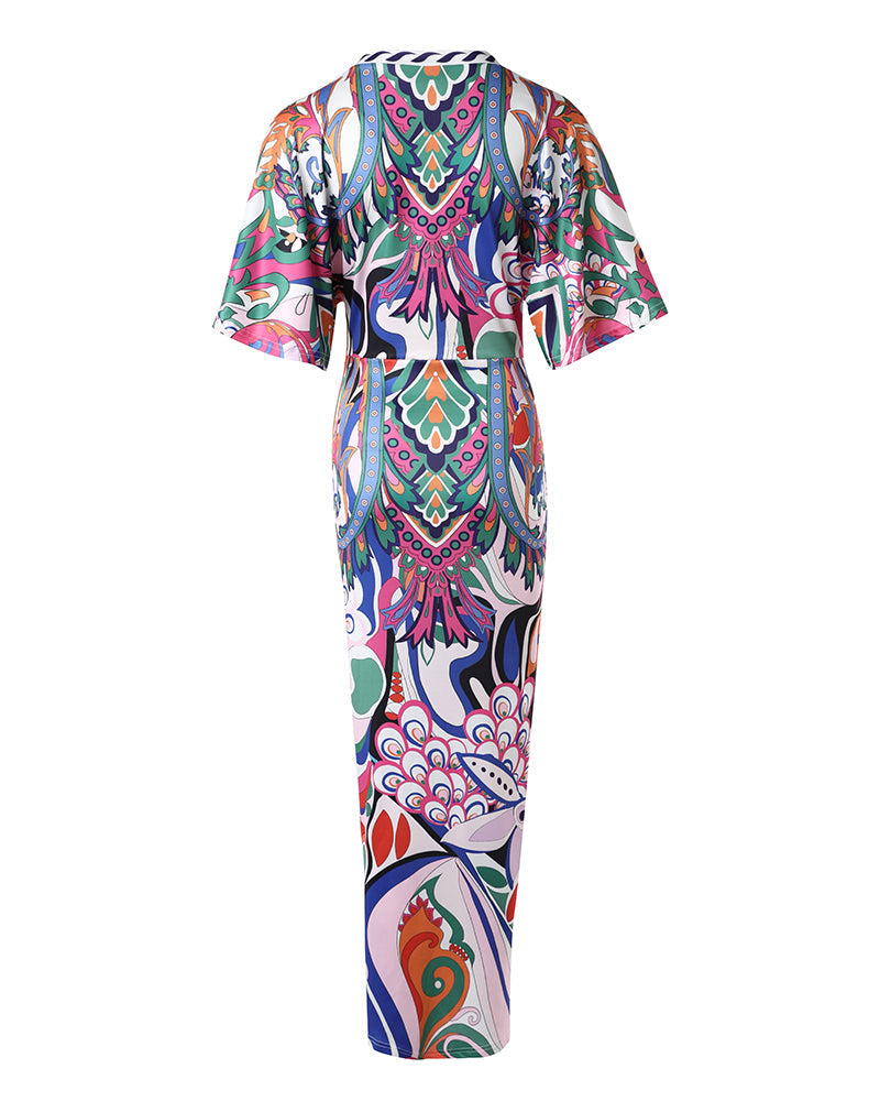 Niva™ | Sexy maxi-jurk met diepe V-hals, abstracte print, trekkoord en gerimpelde voorkant