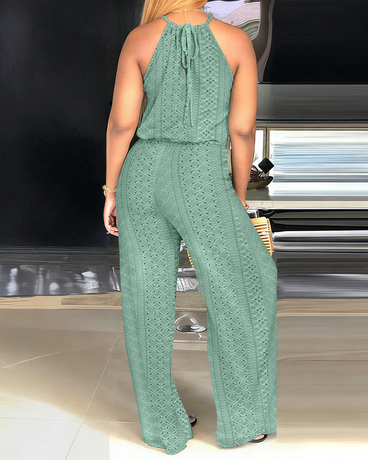Women's Halter Tie Knit Jacquard Jumpsuit
