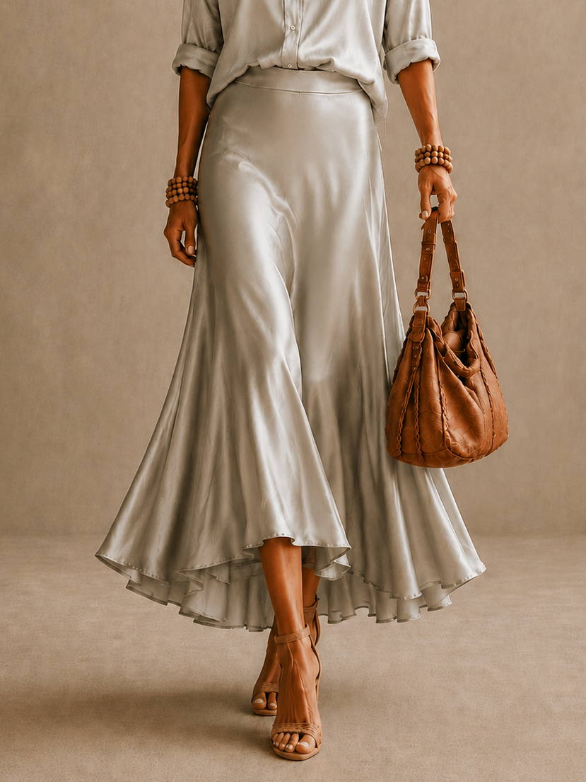 Bella | Tweedelige set, overhemd met knopen, midi-rok met hoge taille en uitlopende pijpen