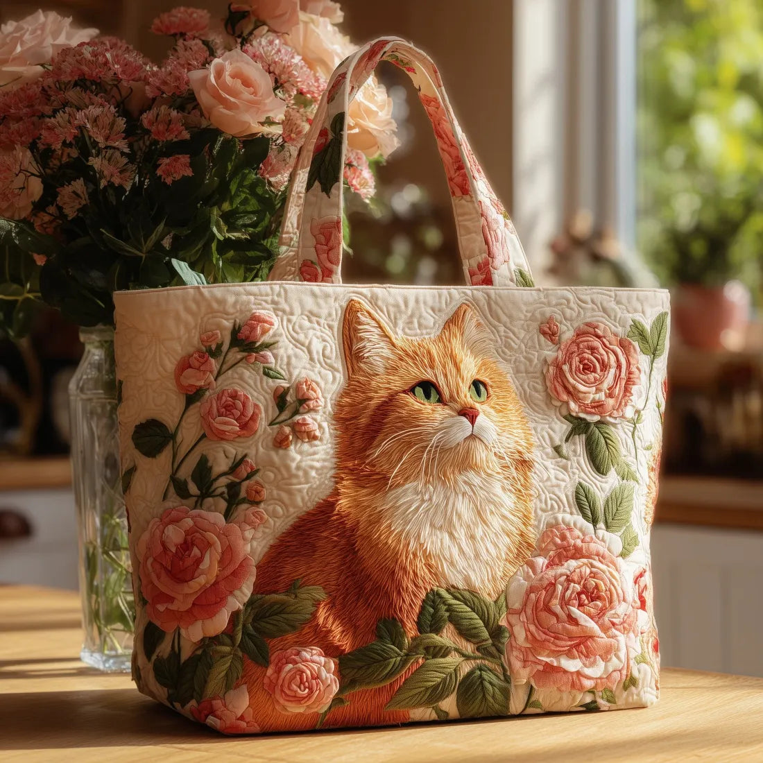 Handcrafted Red Cat Bag with Roses