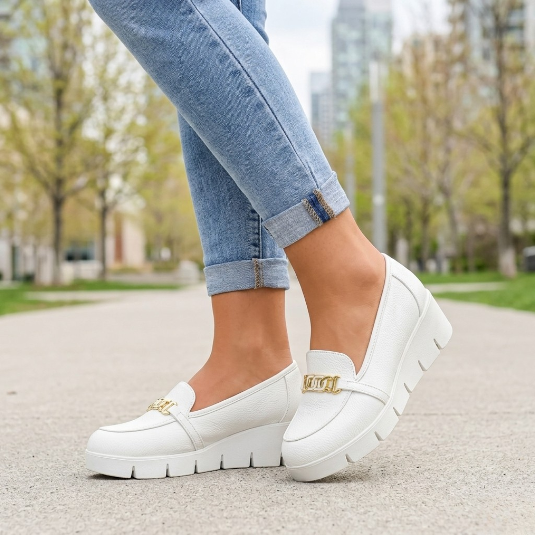 Kornelia White Wedge Moccasins with Buckle