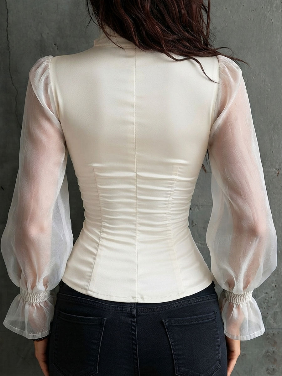 Nivra™ | Retro romantische witte blouse met doorschijnende mouwen en korsetkraag