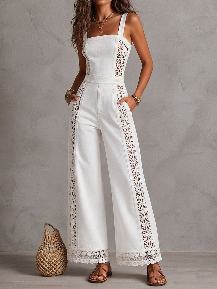 Lova™ | Boho-jumpsuit van wit denim met vierkante hals, gehaakt kant en wijde pijpen