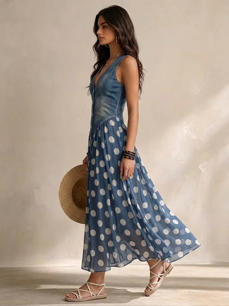 Jasmin™ |  Spijkerjurk met chiffon rok met stippen