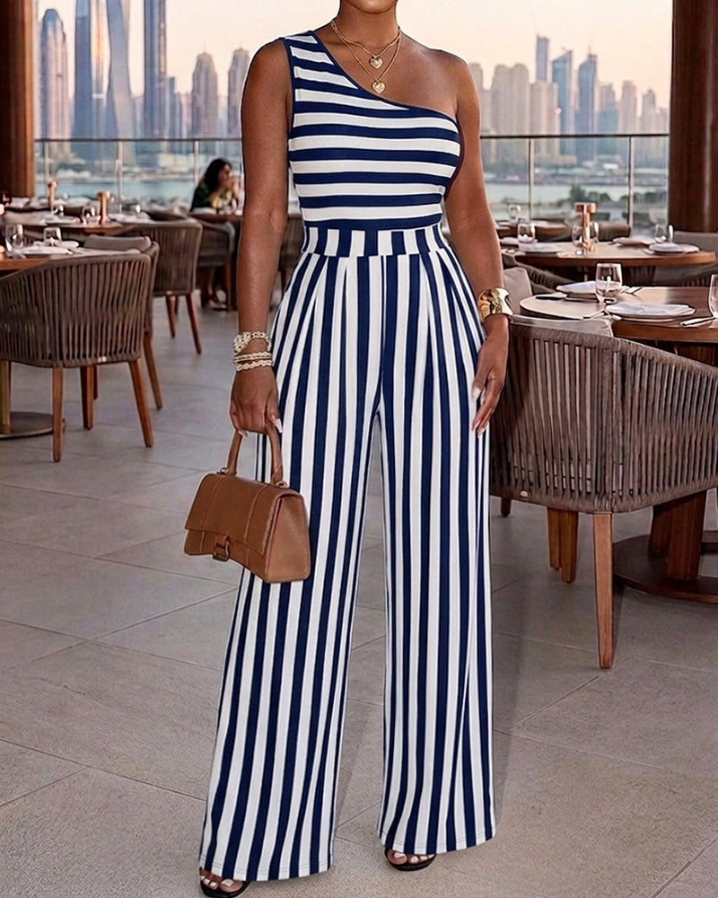 Louna™ | Gestreepte jumpsuit met één schouder, casual, hoge taille en wijde pijpen