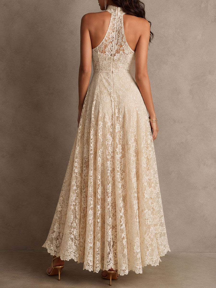 Saar | Retro-elegante ivoorkleurige kanten halter-avondjurk met lange rok