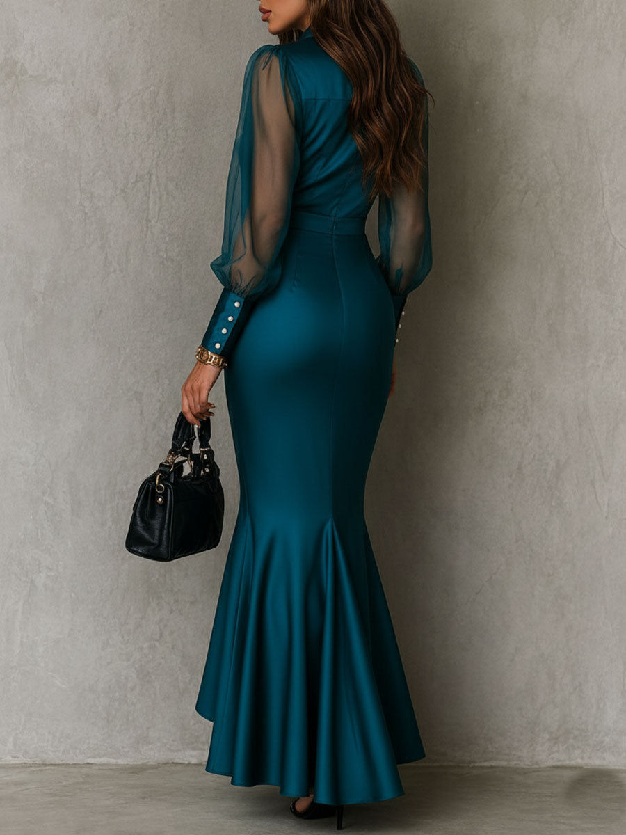Amira™ | Retro-elegante, maxi-jurk met pofmouwen, van satijn in zeemeerminmodel