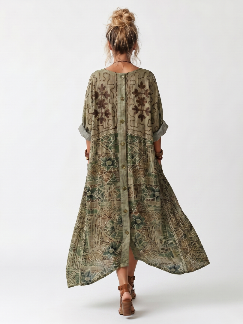 Aleta | Midi-jurk met oversized zakken en knoopsluiting aan de voorkant