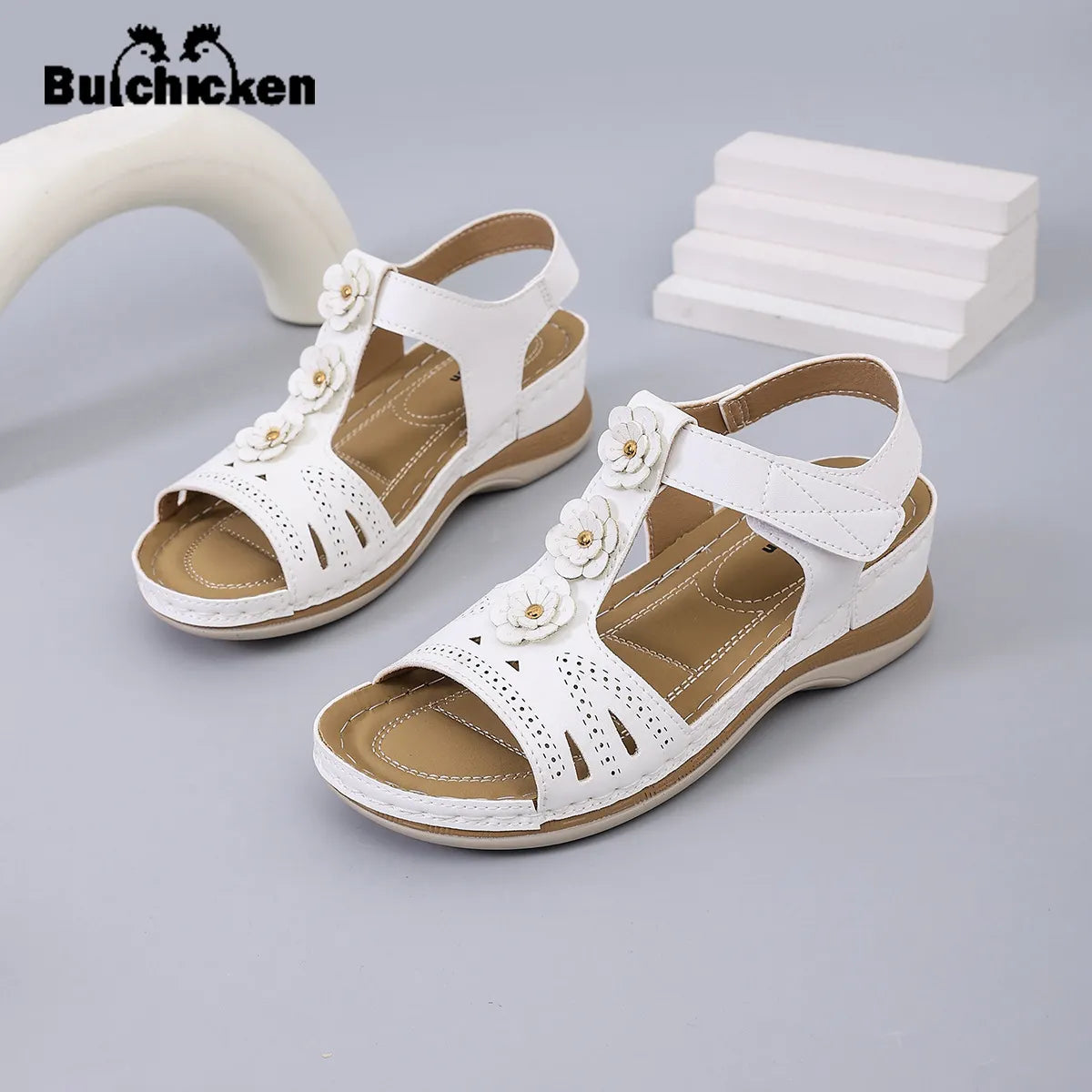 Nola™ | Leren orthopedische sandalen met plateauzool en bloemmotief